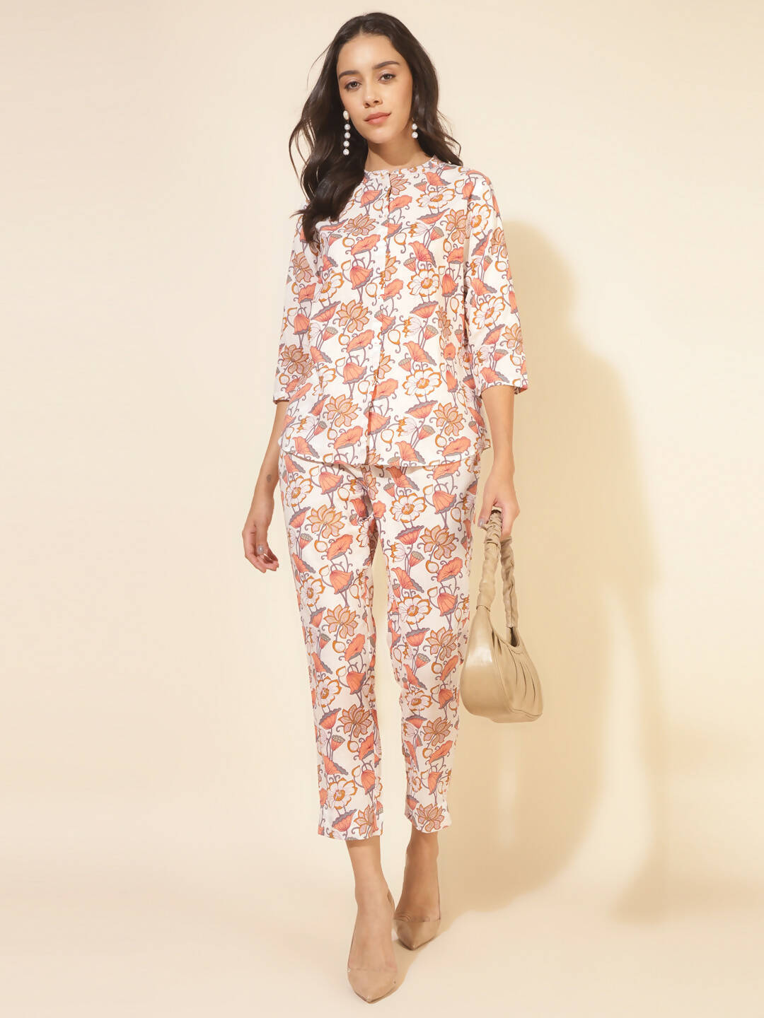 Janasya Women's White Cotton Floral Printed Casual A-Line Co-ords - Swadesiicart