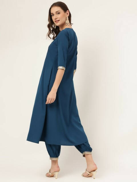 FIORRA Women's Turquise Blue Poly Crepe A-Line Kurta Set - Swadesiicart