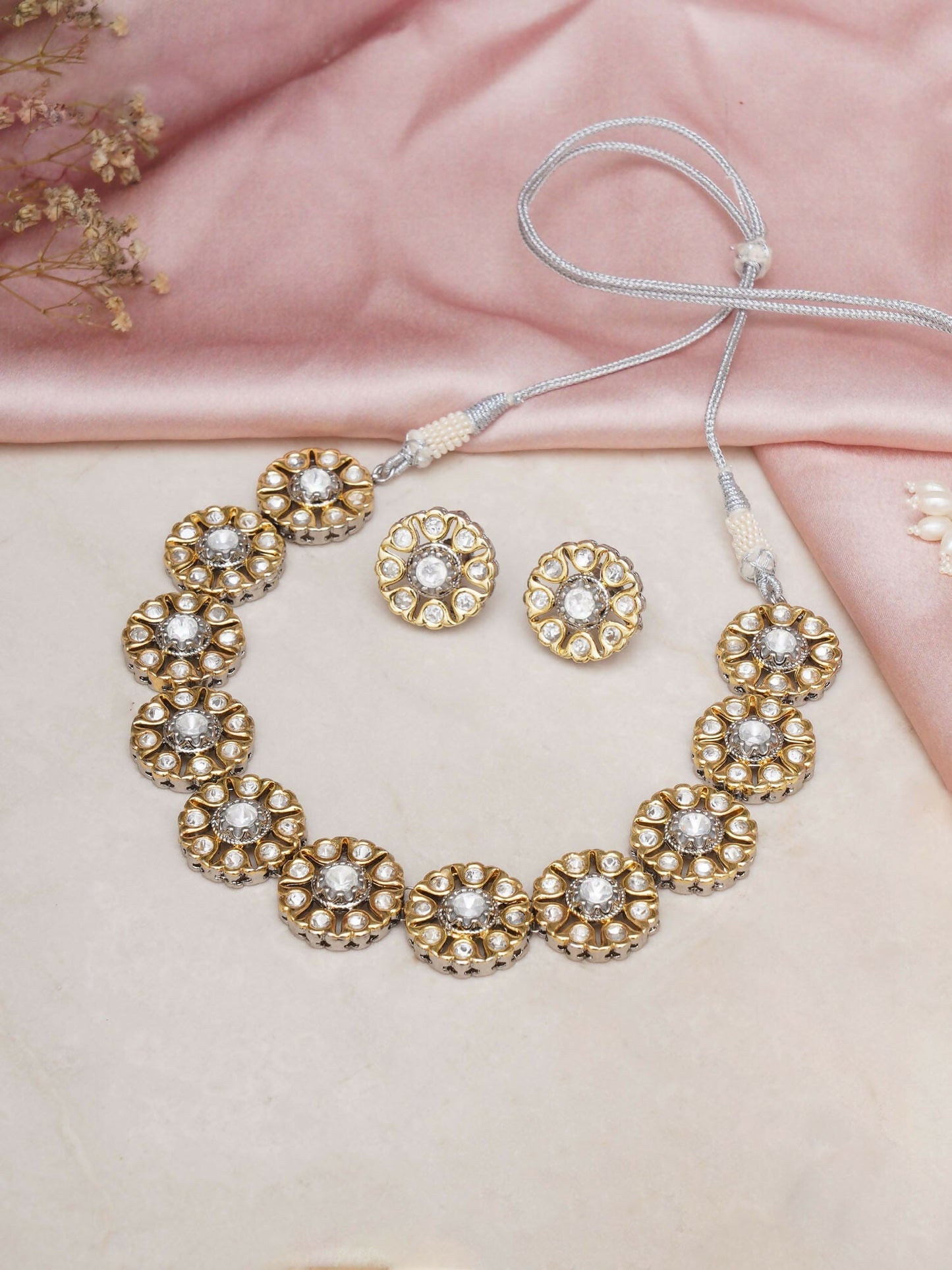 Kundan Choker with Studs Jewellery Set (silver) - Ruby Raang - Swadesiicart