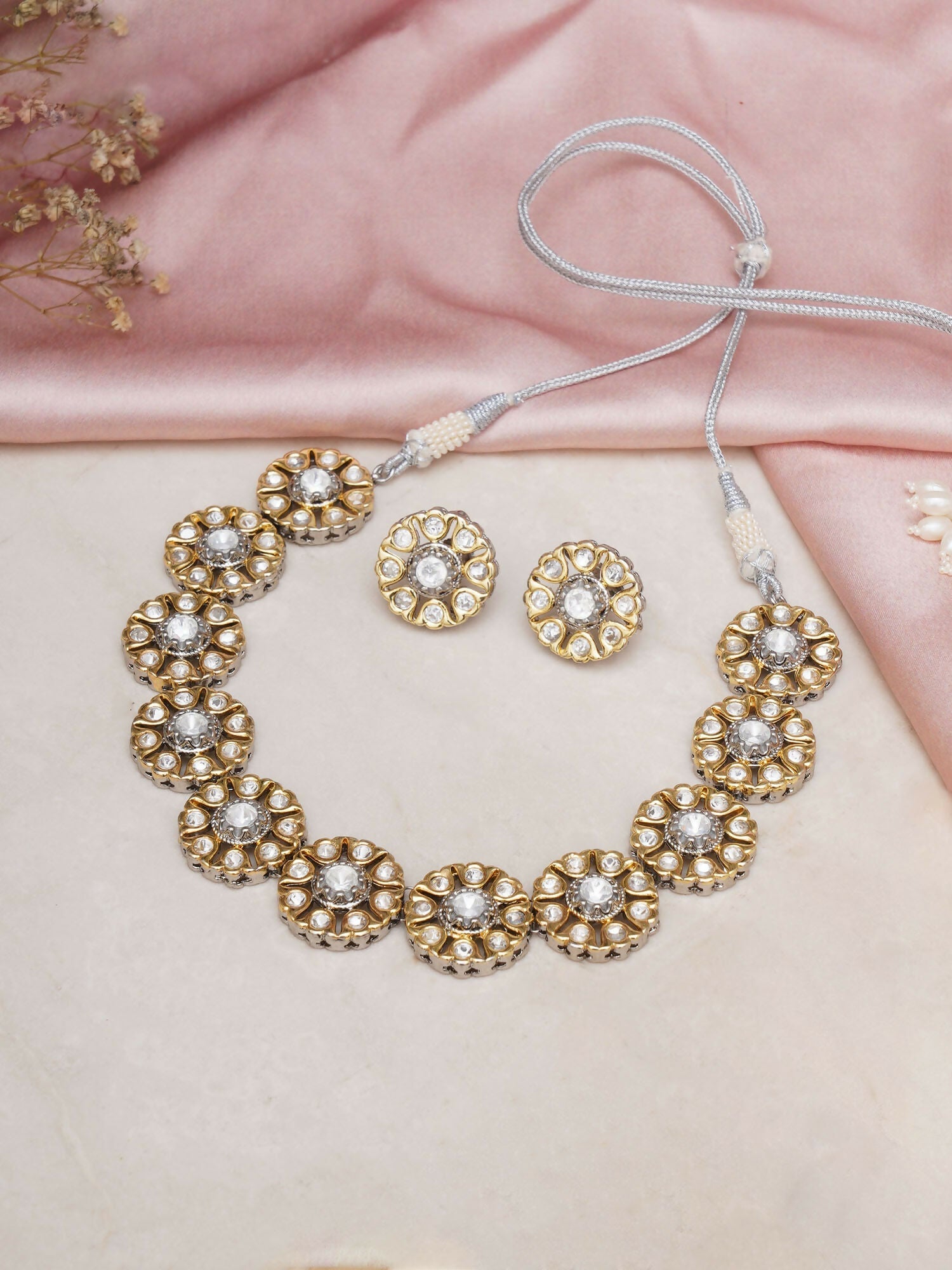 Kundan Choker with Studs Jewellery Set (silver) - Ruby Raang - Swadesiicart