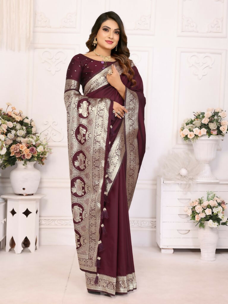Anaita Dark Brown Banarasi Silk With Beautiful Gala Weaving Saree With Blouse | Swadesiicart