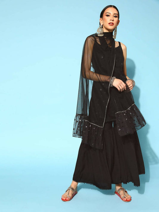 Ahalyaa Women Black Colour Crepe Foil Printed Kurta Sharara Set With Dupatta | Swadesiicart