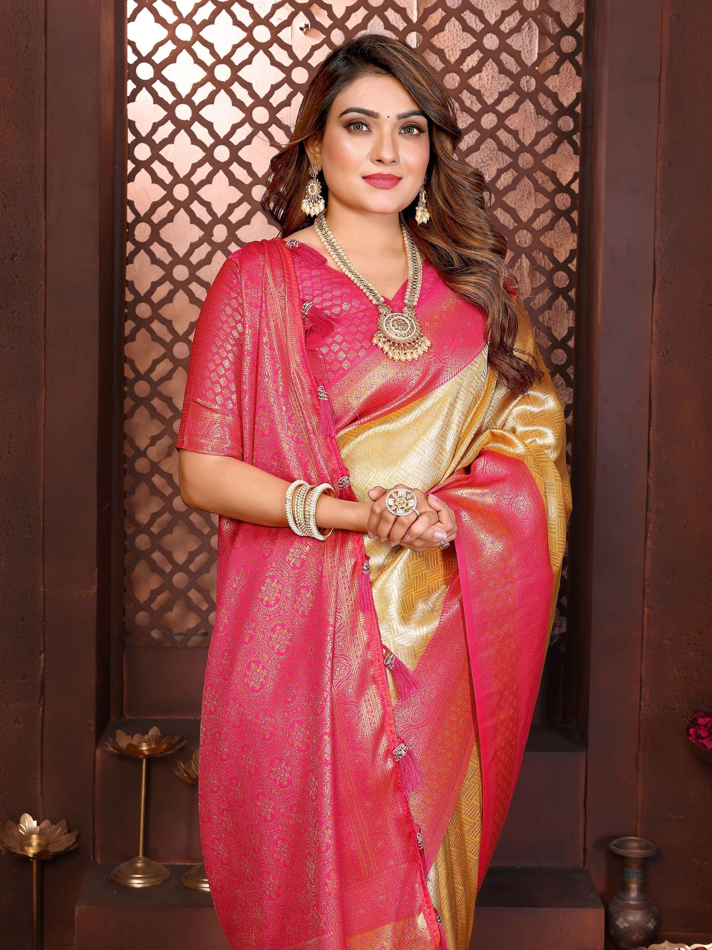Aastha Fashion Cream Tissue Silk Woven Saree