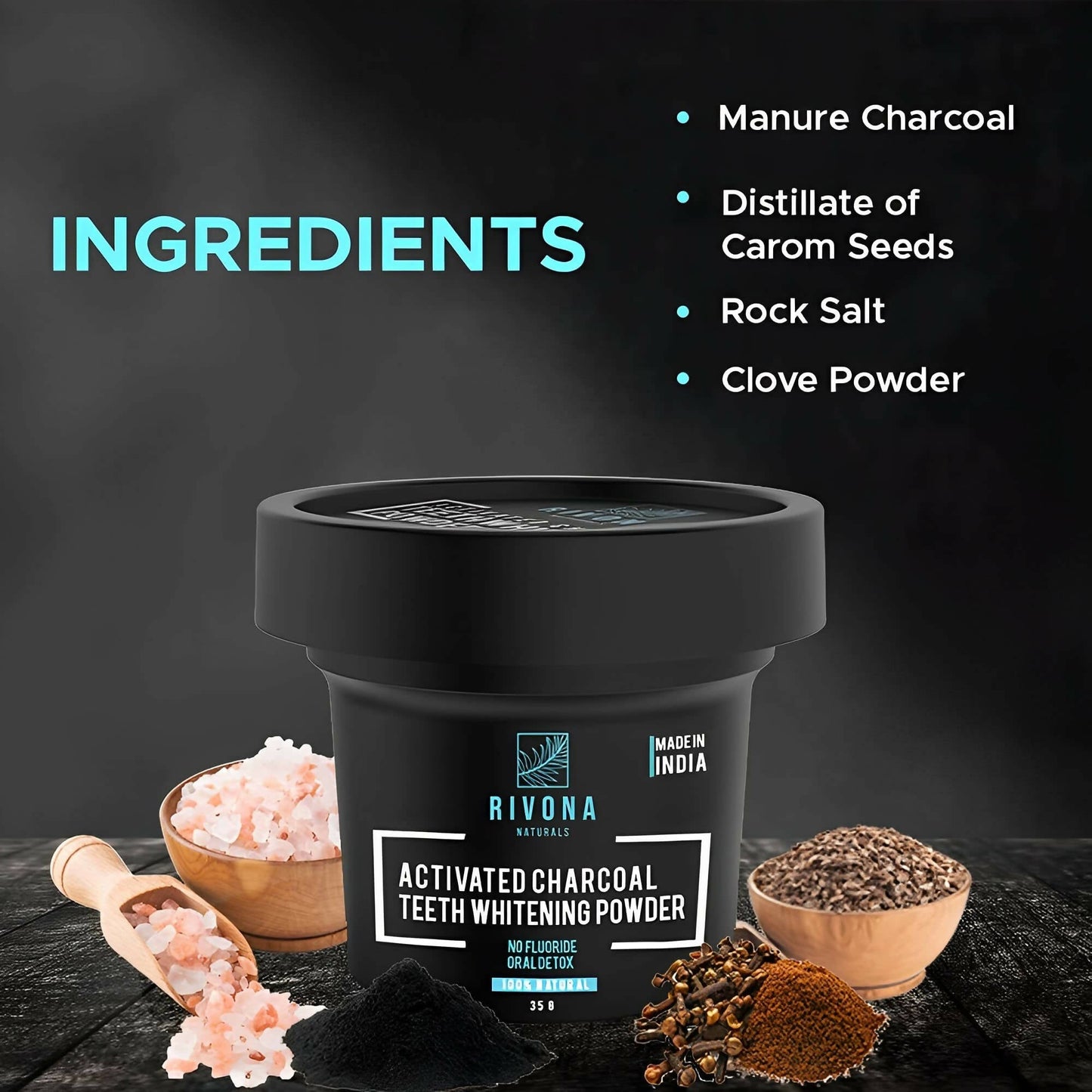 Rivona Naturals Activated Charcoal Teeth Whitening Powder - Swadesiicart
