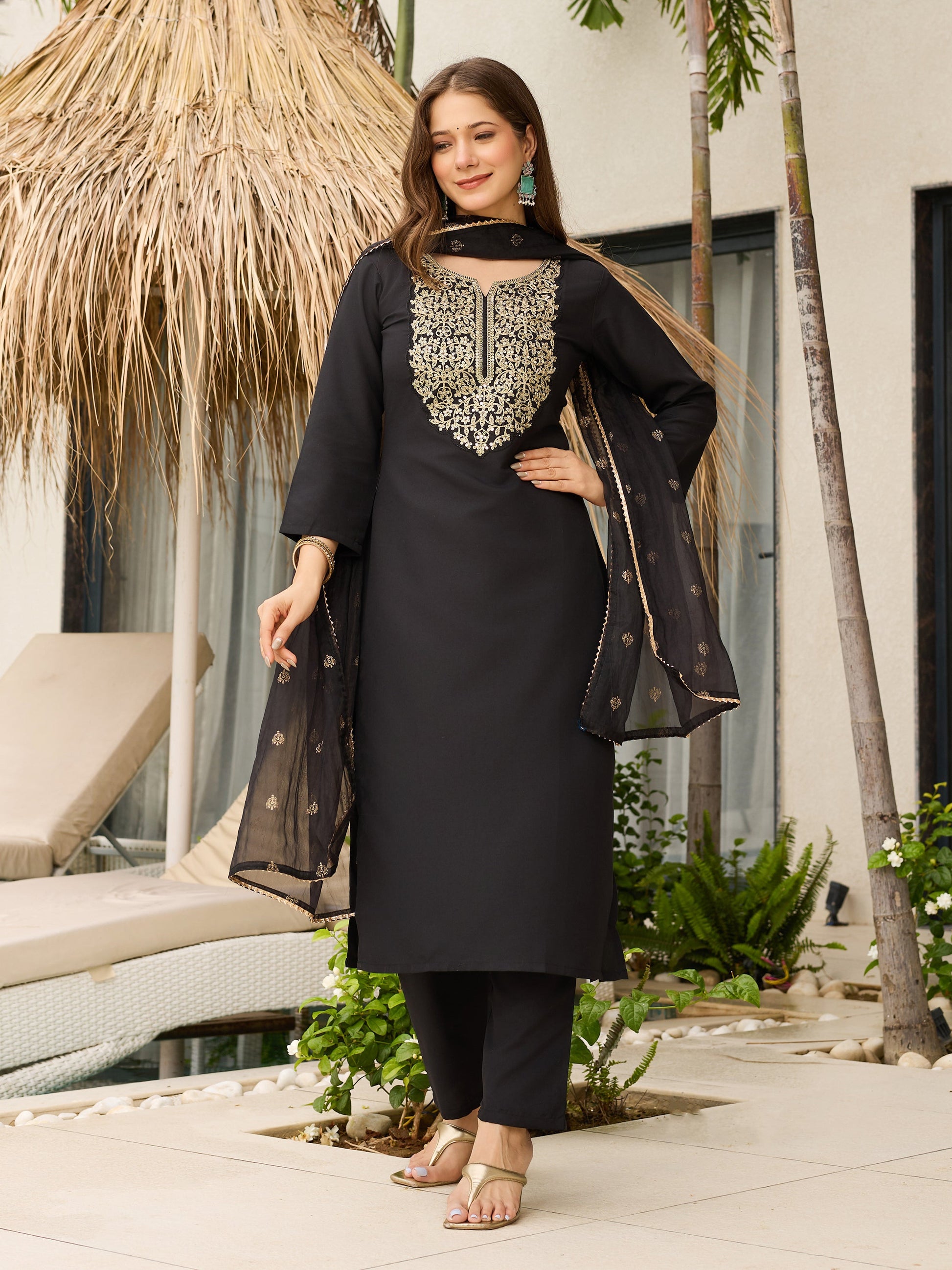 The52 Women Embroidery Work with Viscose Fabric Straight Kurta, Pant and Dupatta Set - Swadesiicart