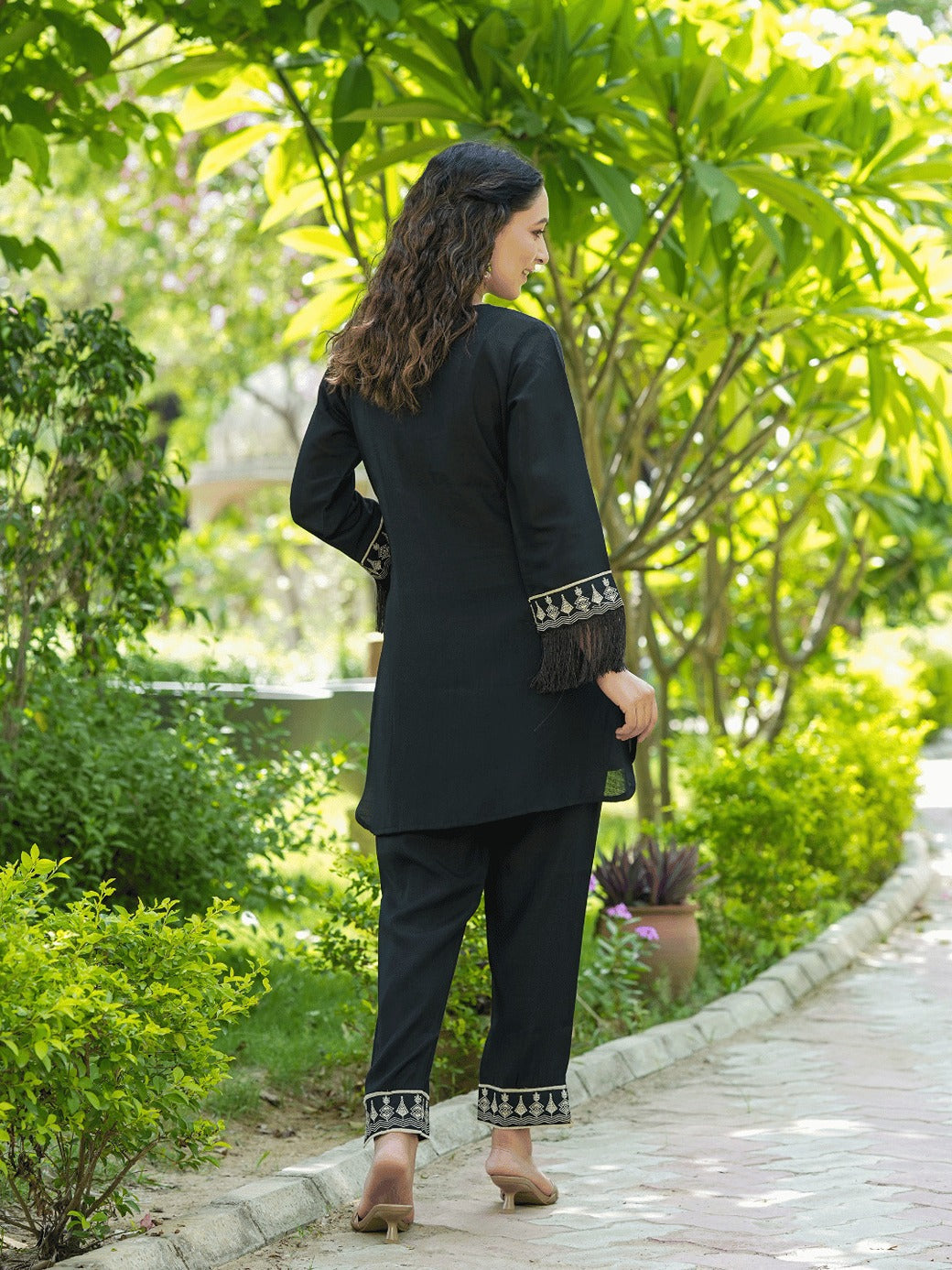 Yufta Black Embroidered Shirt And Trouser Co Ords - Swadesiicart