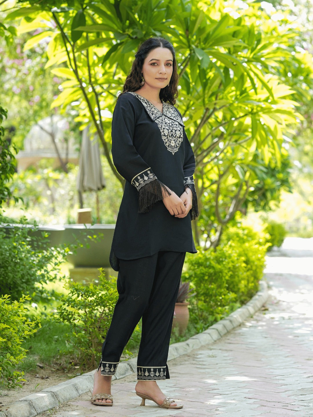 Yufta Black Embroidered Shirt And Trouser Co Ords - Swadesiicart
