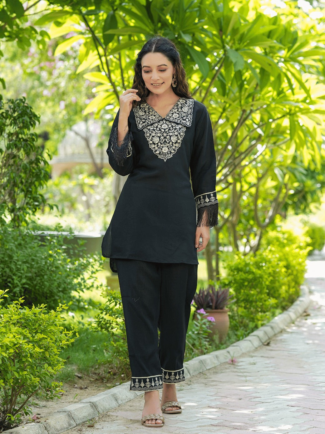 Yufta Black Embroidered Shirt And Trouser Co Ords - Swadesiicart
