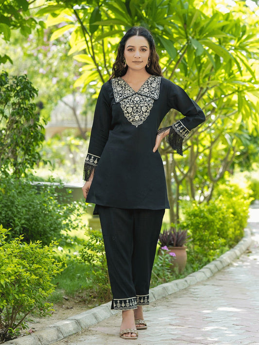 Yufta Black Embroidered Shirt And Trouser Co Ords - Swadesiicart