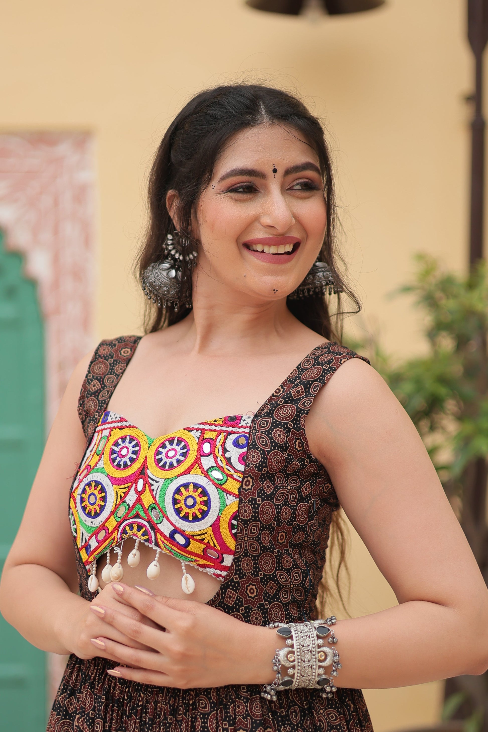 Lorenvalley Black Printed Cotton With Kutchi Gamthi Work and Kodi Lace Gown | Swadesiicart