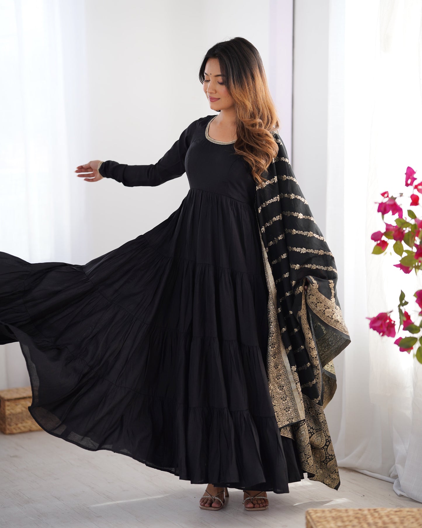 Lorenvalley Women Pure Roman silk Chanderi Fabric Layer Gathering Anarkali Kurta Pant With Dupatta Set | Swadesiicart