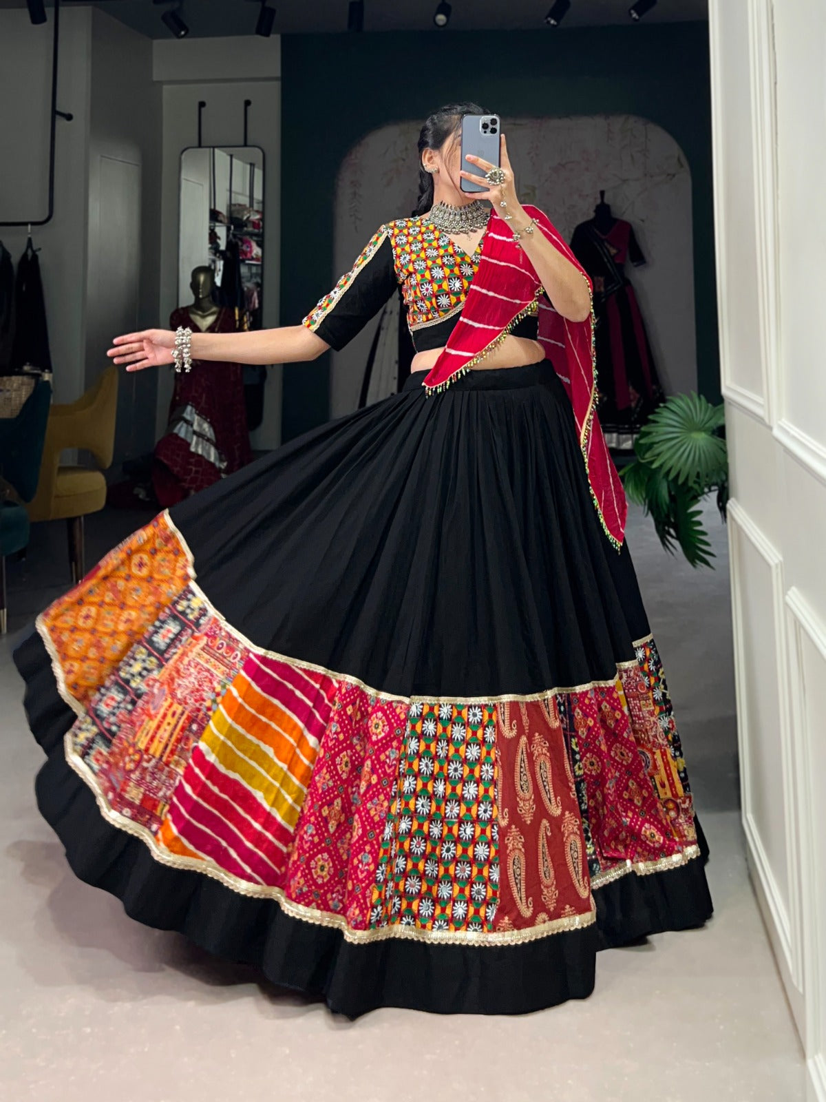 Lorenvalley Black Pure Rayon with Plain And Printed With Original Mirror Gamthi Work And Lace Touch Up Lehenga Choli | Swadesiicart