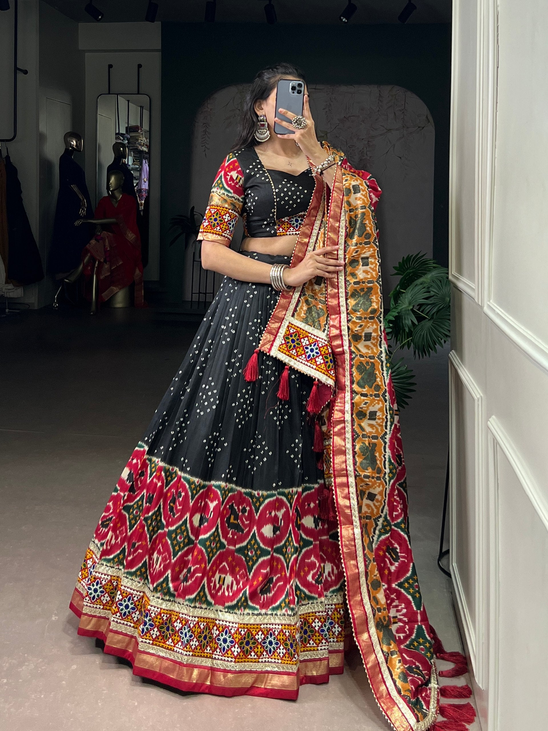 Lorenvalley Fashion Black Tasar Silk Print with Foil Work and Real Mirror Gamthi Work with Lace Touch Up Lehenga Choli with Dupatta | Swadesiicart