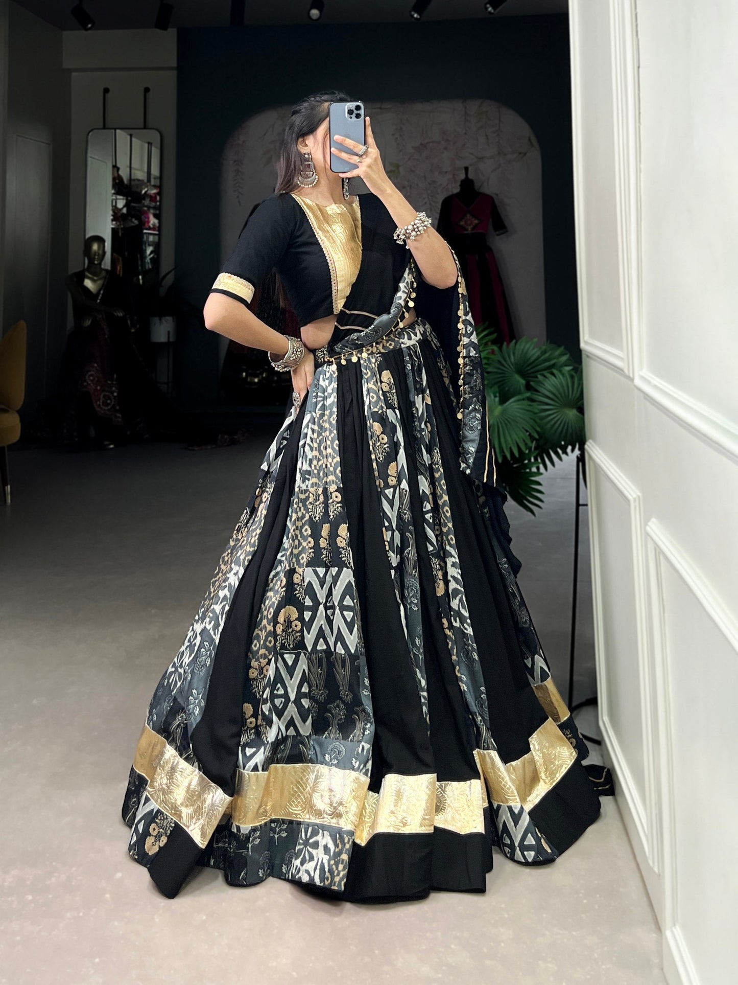 Lorenvalley Rayon and Tussar Silk Black Plain And Printed With Embossed Design Gota Lace Lehenga Choli with Dupatta | Swadesiicart
