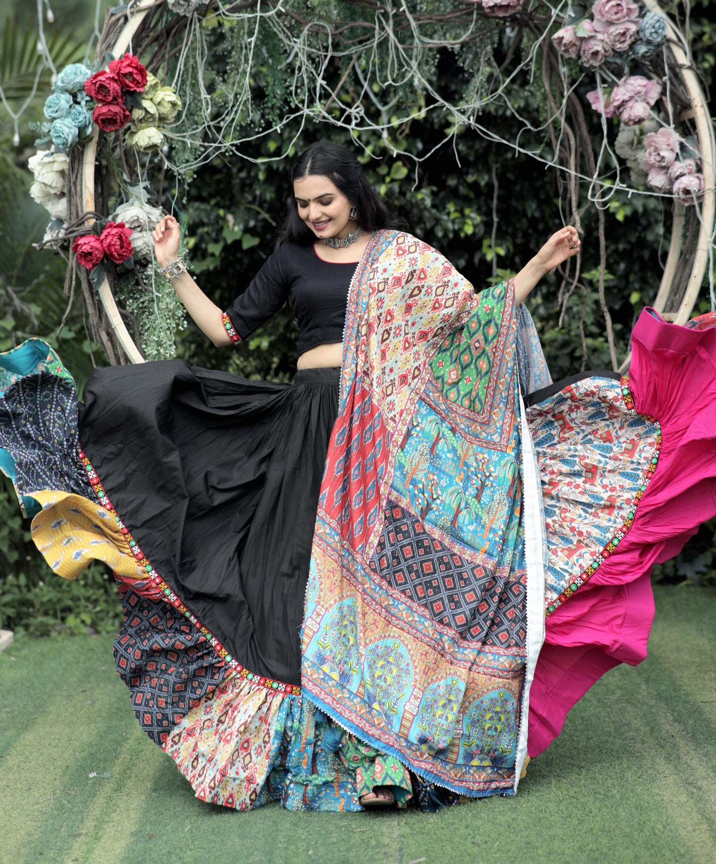 Lorenvalley Black Premium Rayon Lehenga with Choli with Digital Printed with Gotta Patti Lace Border Dupatta Set | Swadesiicart