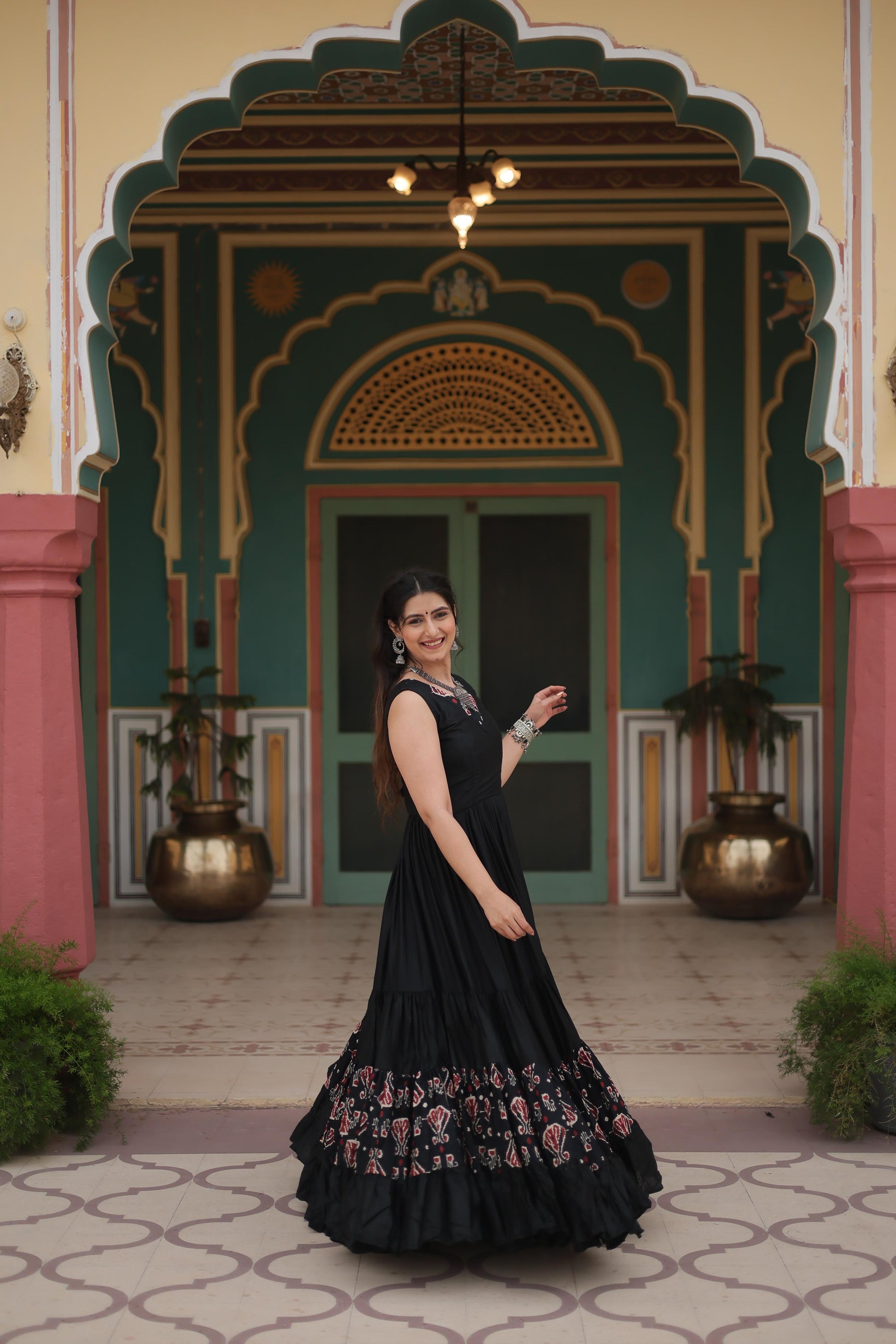 Lorenvalley Black Rayon Fabric with Printed Attached In Frill And Neck Gown | Swadesiicart