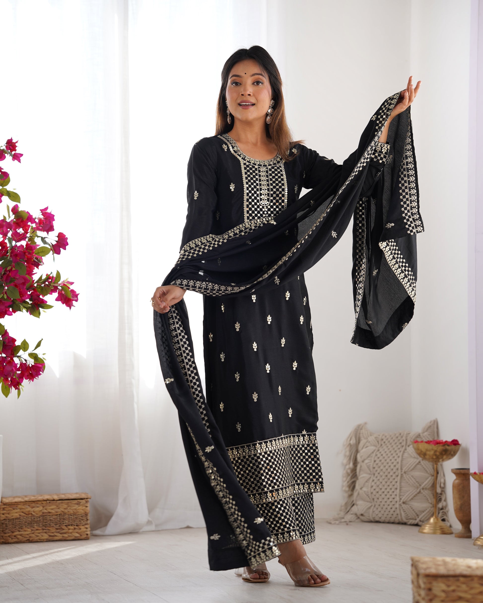 Lorenvalley Black Chinon Silk Embroidery Sequence and Jari Work Kurta Trousers with Dupatta Set | Swadesiicart