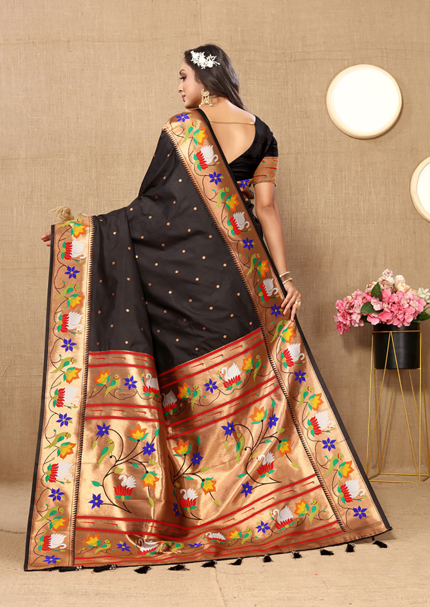 Lorenvalley Fashion Black Soft Paithani Silk Woven Design Rich Zari Meenakari Weaving Saree - Swadesiicart
