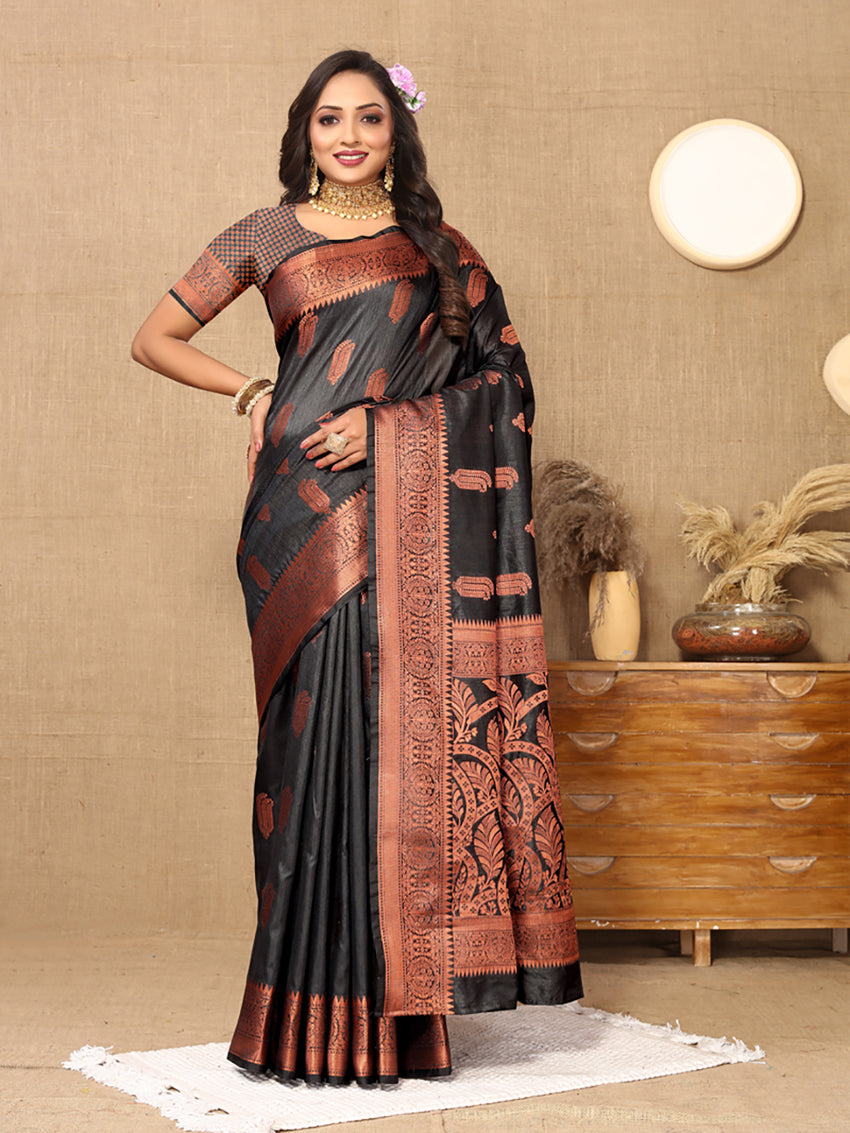 Lorenvalley Fashion Black Soft Katan Silk Woven Design Copper Zari Weaving Saree - Swadesiicart
