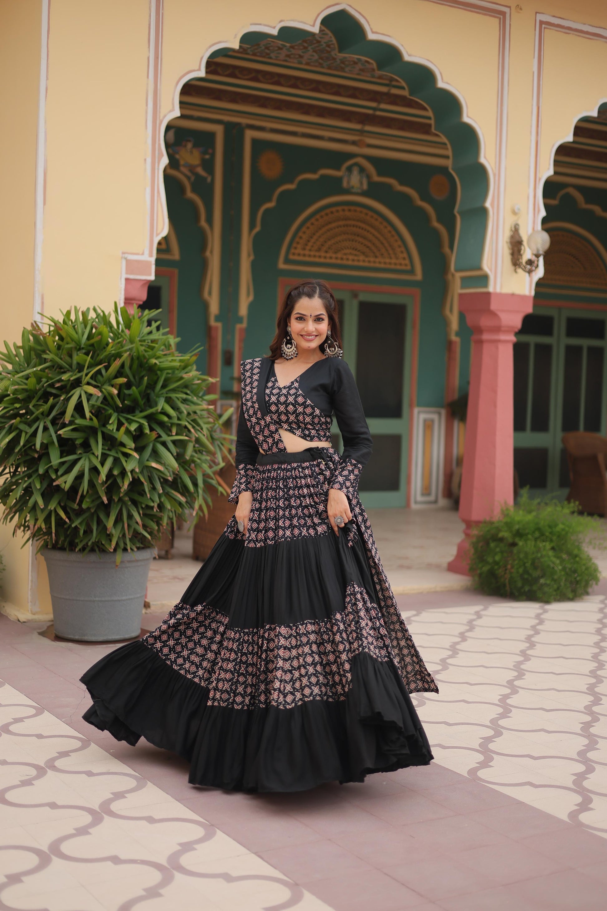 Lorenvalley Black Printed Rayon Navratri Collection Lehenga Choli with Dupatta | Swadesiicart