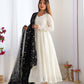 Lorenvalley Fashion White Vichitra Silk Fabric Fully Flared Anarkali Pant With Dupatta Set - Swadesiicart