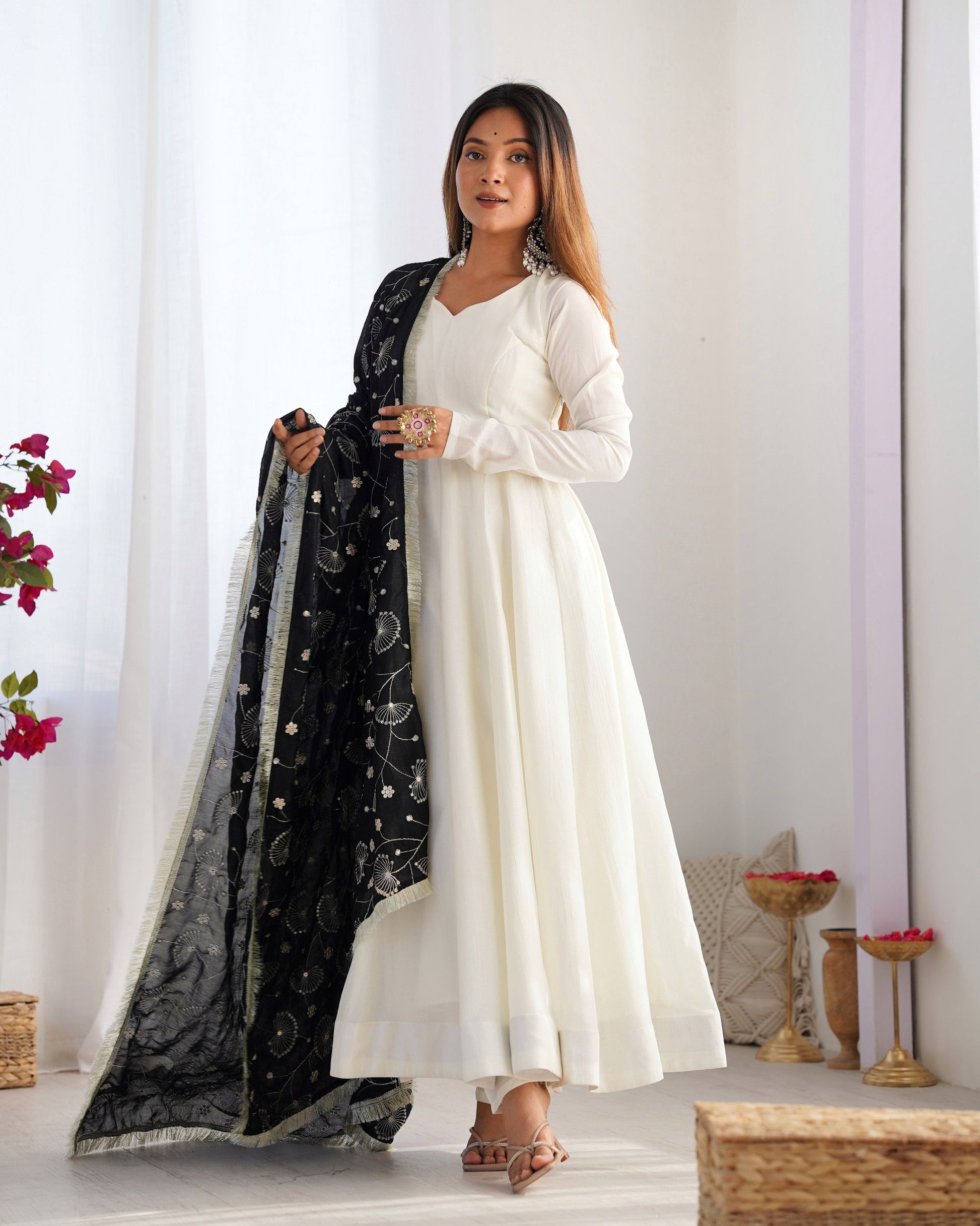 Lorenvalley Fashion White Vichitra Silk Fabric Fully Flared Anarkali Pant With Dupatta Set - Swadesiicart