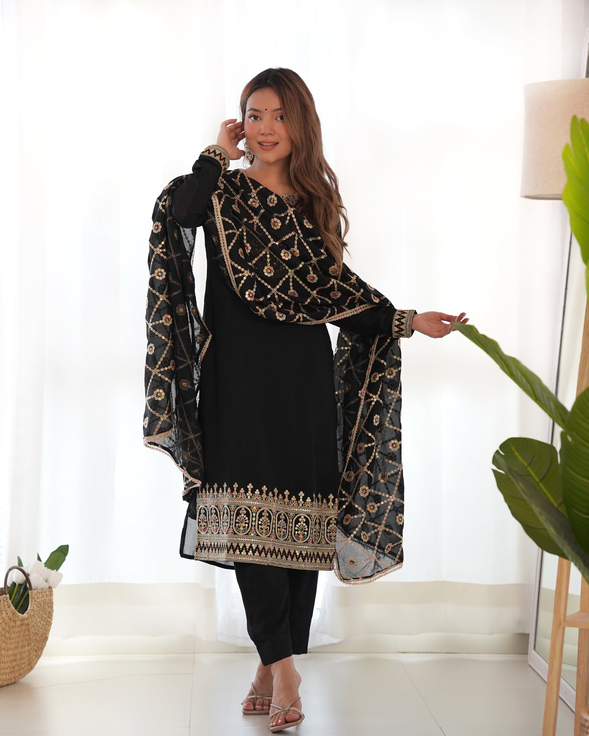 Lorenvalley Black Vichitra Silk Embroidery Sequence and Dori Thread Work Kurta Trousers with Dupatta Set | Swadesiicart