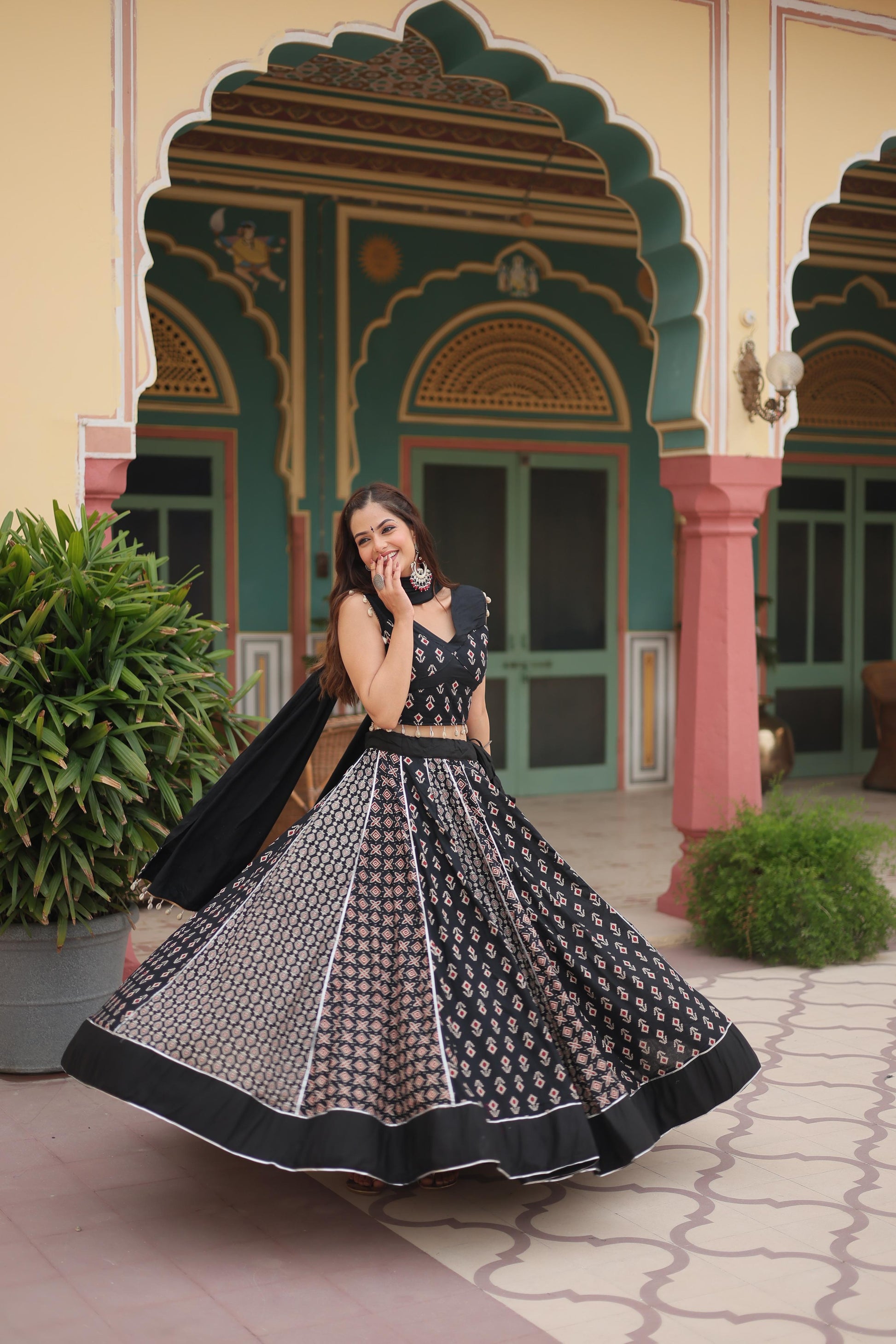 Lorenvalley Black Rayon Gota Patti Lace Printed Kali Pattern Lehenga Choli with Dupatta | Swadesiicart