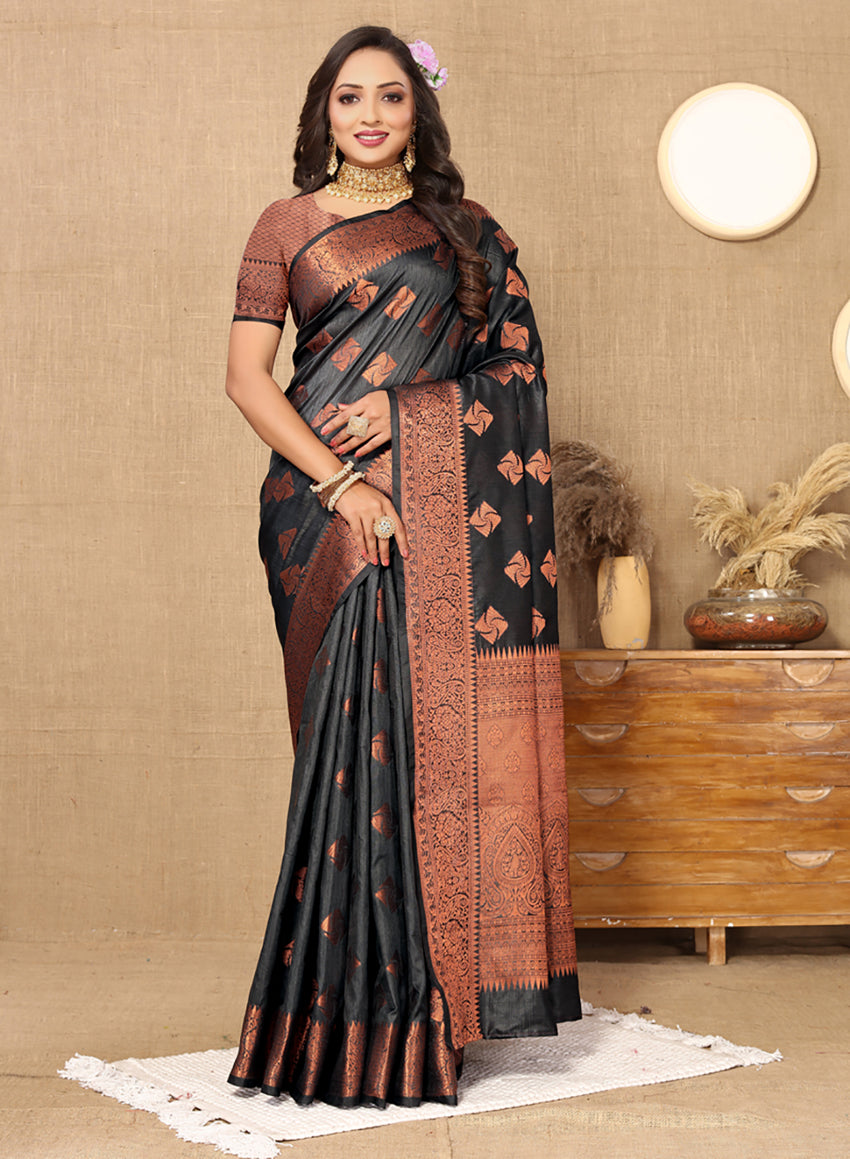 Lorenvalley Fashion Black Soft Katan Silk Woven Design Copper Zari Weaving Saree - Swadesiicart