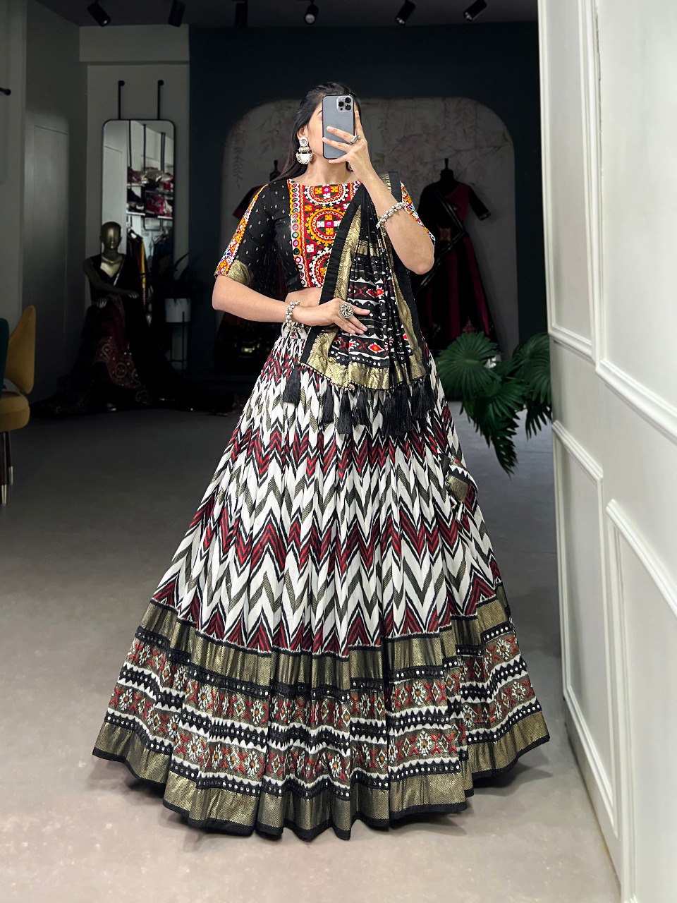 Lorenvalley Black Tussar Silk Leheriya Print with Foil Print and Paper Mirror Work Lace Lehenga Choli with Dupatta | Swadesiicart