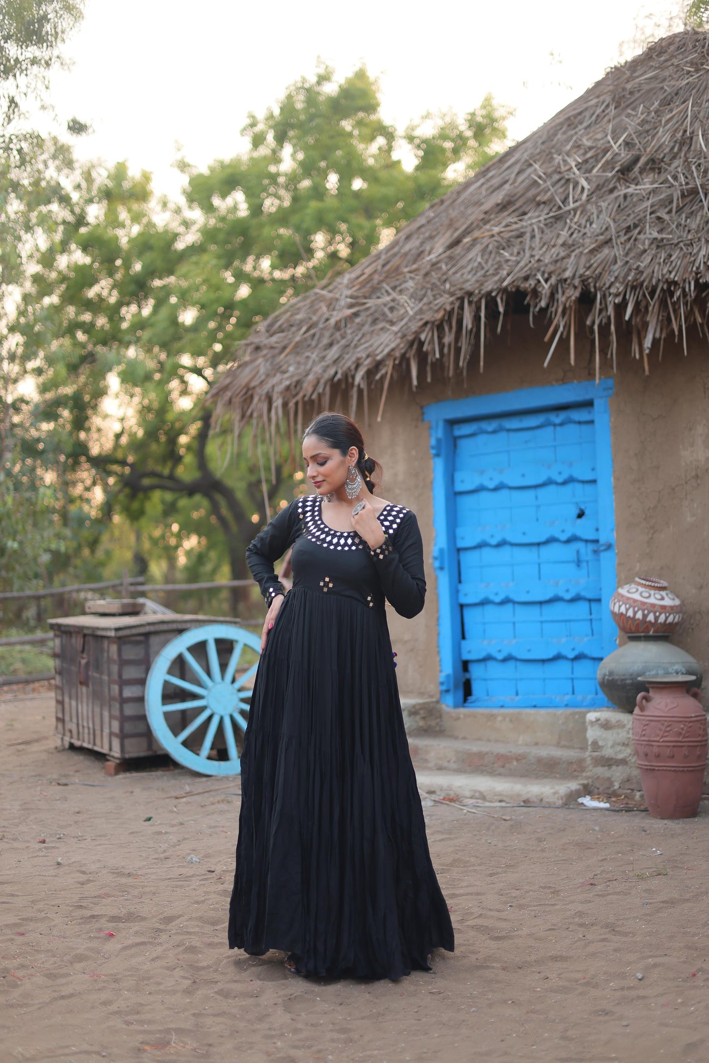Lorenvalley Black Rayon Fabric With Real Mirror Work Gown | Swadesiicart