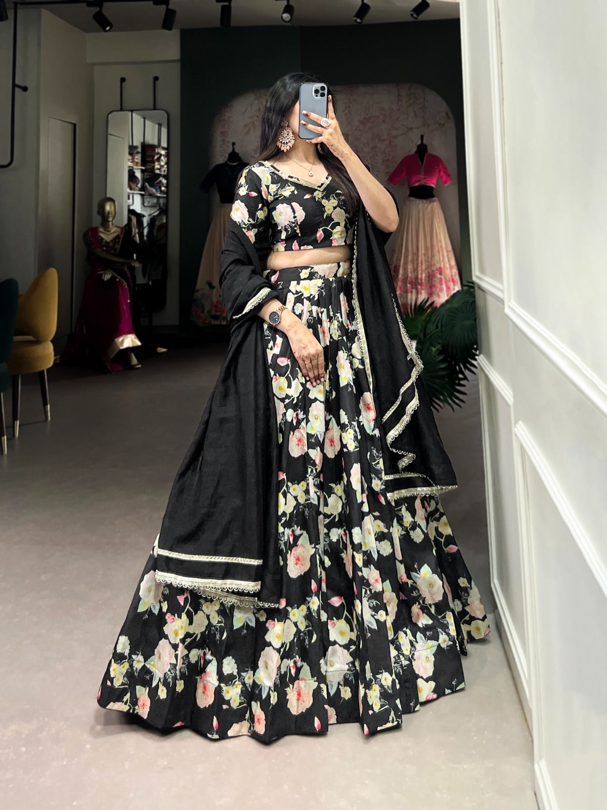 Lorenvalley Black Tussar Silk Floral Printed Lehenga Choli | Swadesiicart