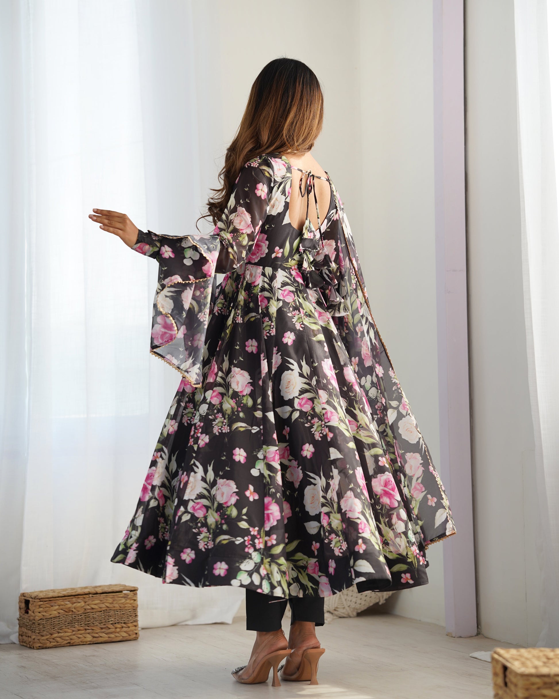 Lorenvalley Soft Organza Silk With Floral Print Fully Flared Anarkali Pant With Dupatta Set - Black | Swadesiicart