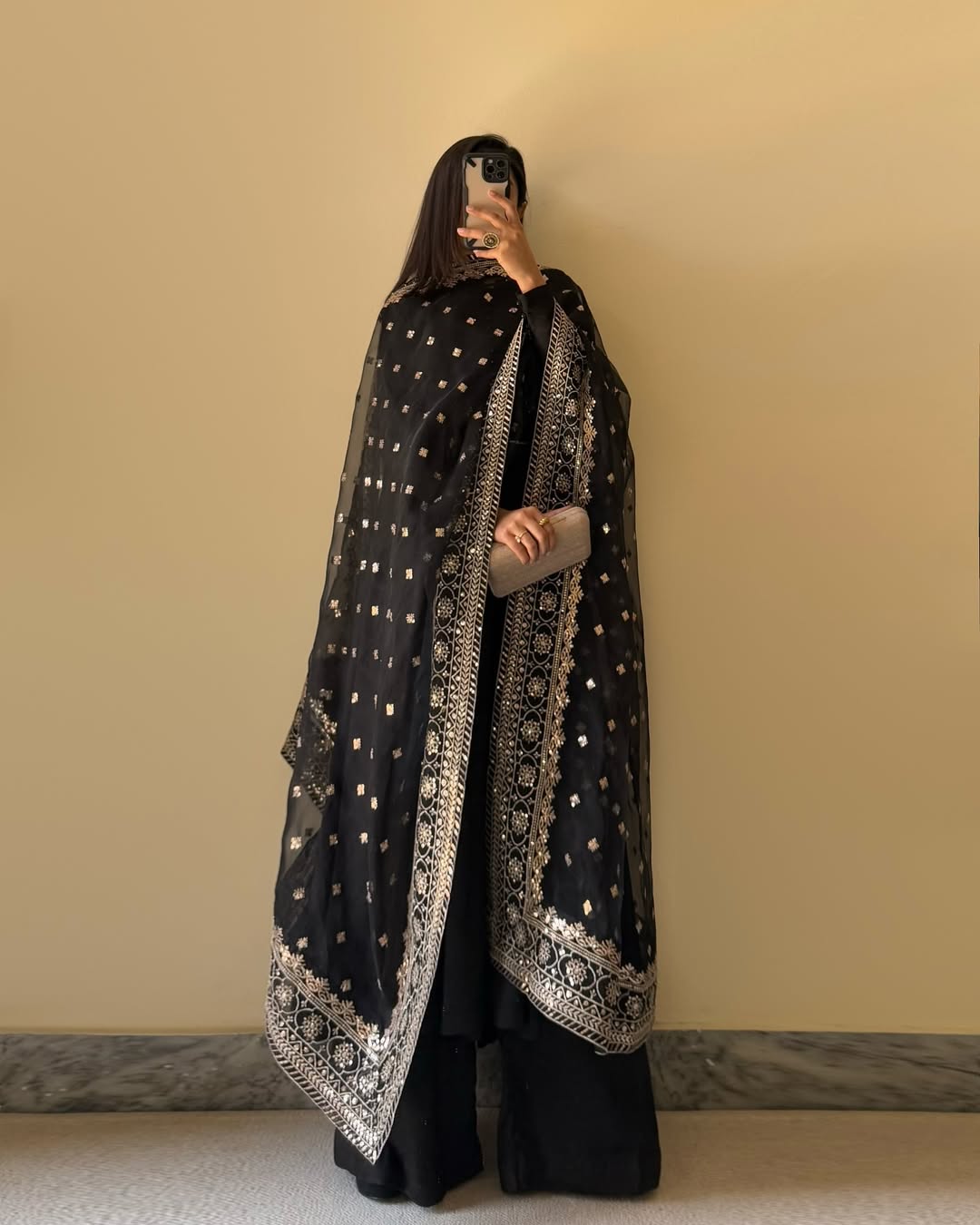 Lorenvalley Black Faux Georgette Yoke and Sleeve Potli Button Work Kurta Palazzo With Dupatta Set | Swadesiicart
