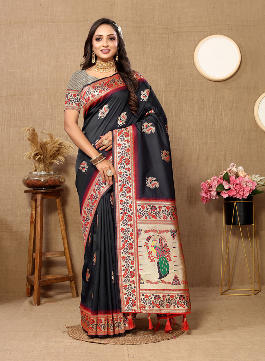 Lorenvalley Fashion Black Soft Paithani Silk Woven Design Rich Meenakari Zari Weaving Pallu Saree - Swadesiicart