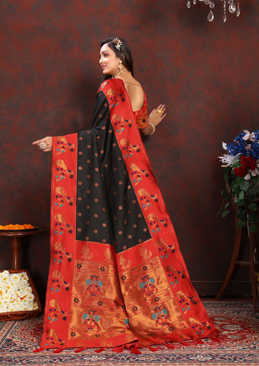 Lorenvalley Fashion Black Soft Paithani Silk Woven Design Rich Zari Meenakari Weaving Saree - Swadesiicart