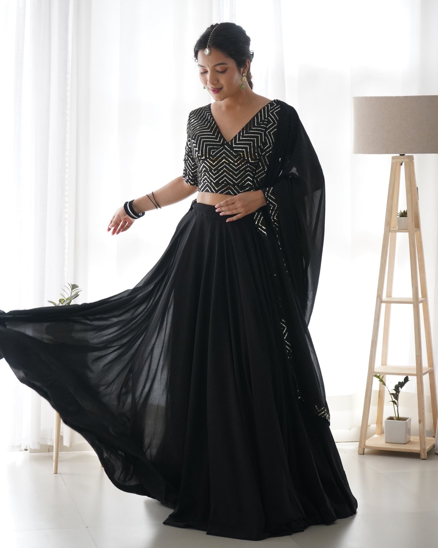 Lorenvalley Black Faux Georgette Plain Micro Cotton Full Inner with Canvas Patta Double Lining Lehenga Choli | Swadesiicart