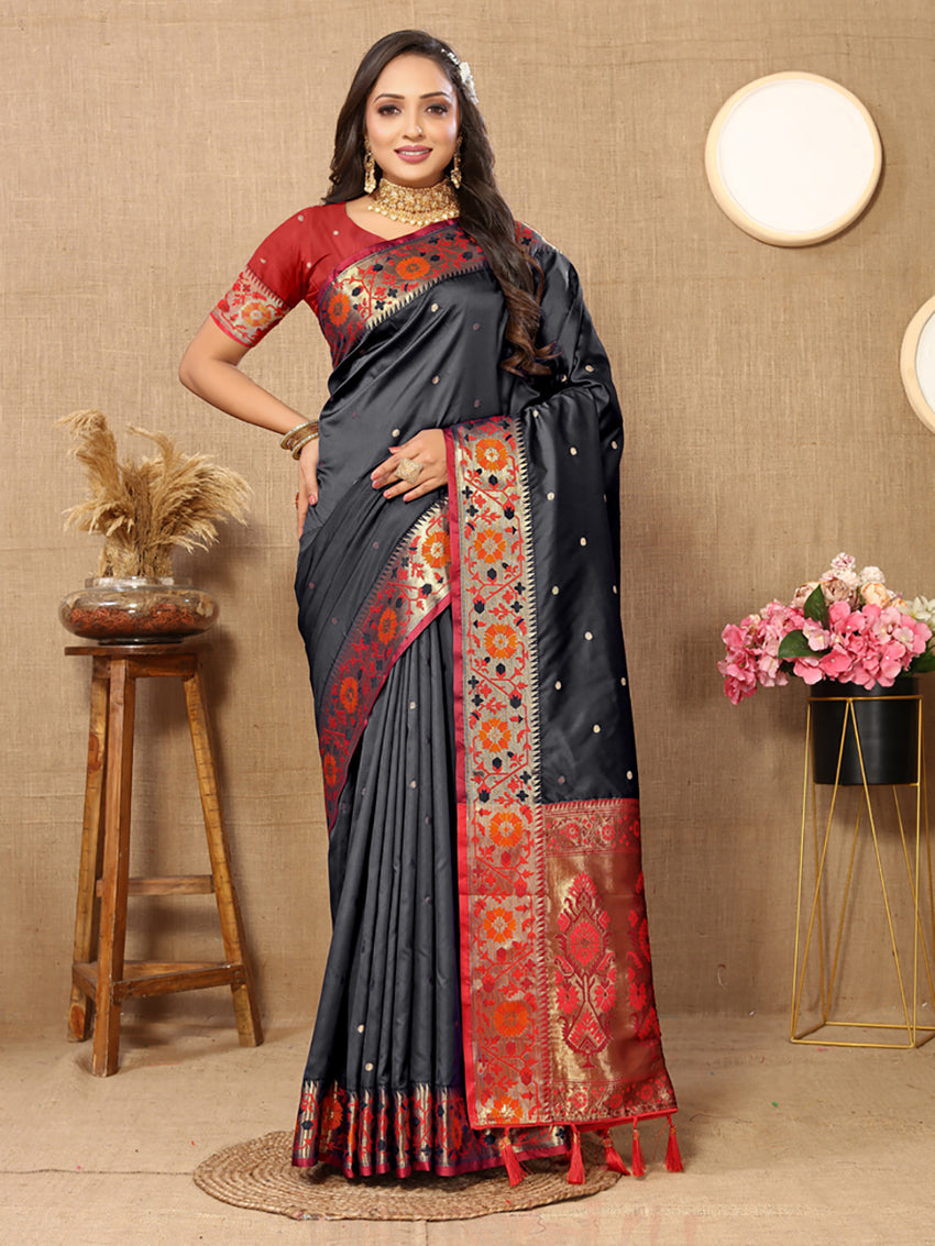 Lorenvalley Fashion Black Soft Paithani Silk Woven Design Rich Meenakari Zari Weaving Pallu Saree - Swadesiicart
