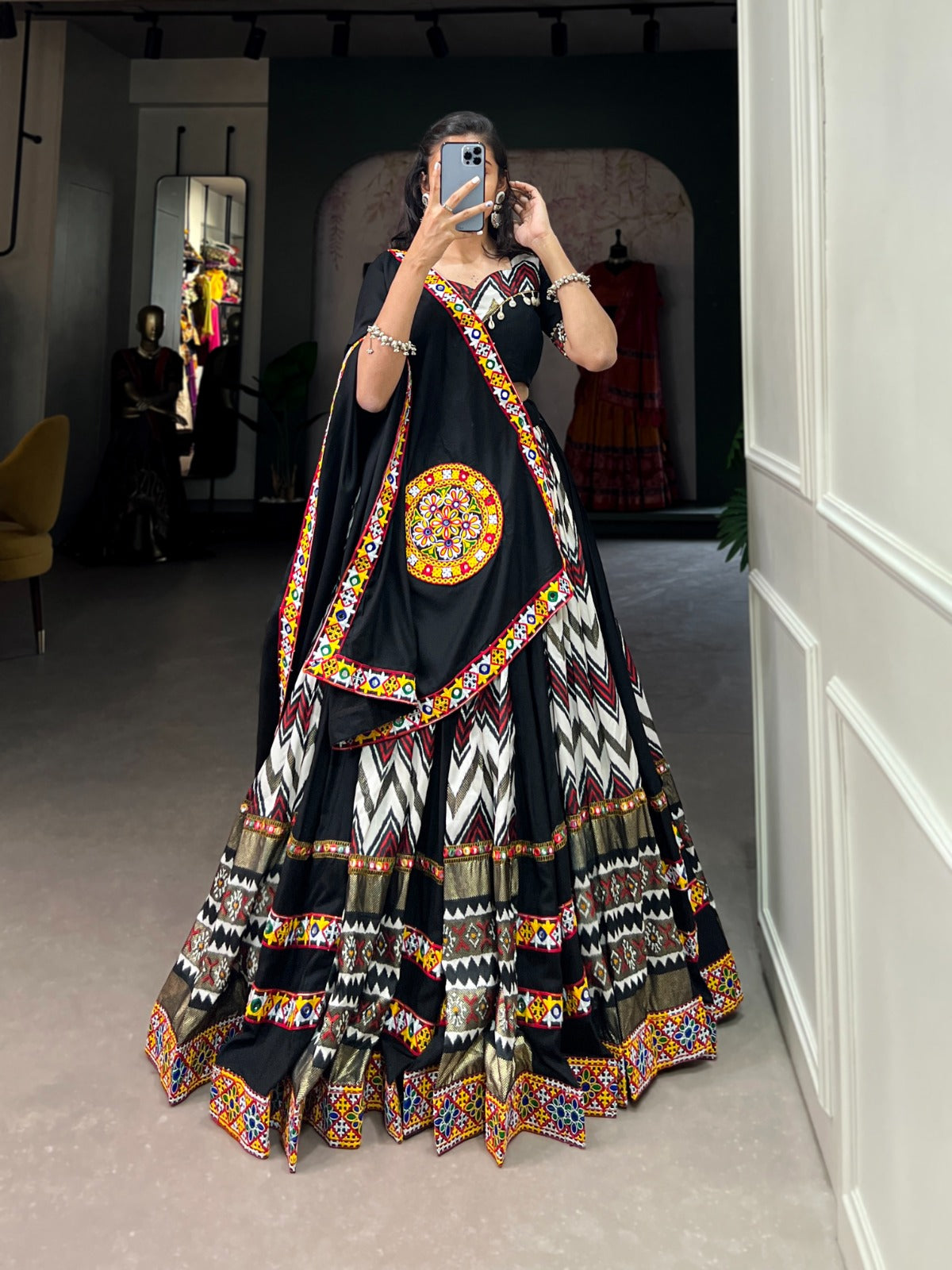 Lorenvalley Black Rayon With Printed Silk Original Mirror Gamthi Work Lehenga Choli With Dupatta | Swadesiicart