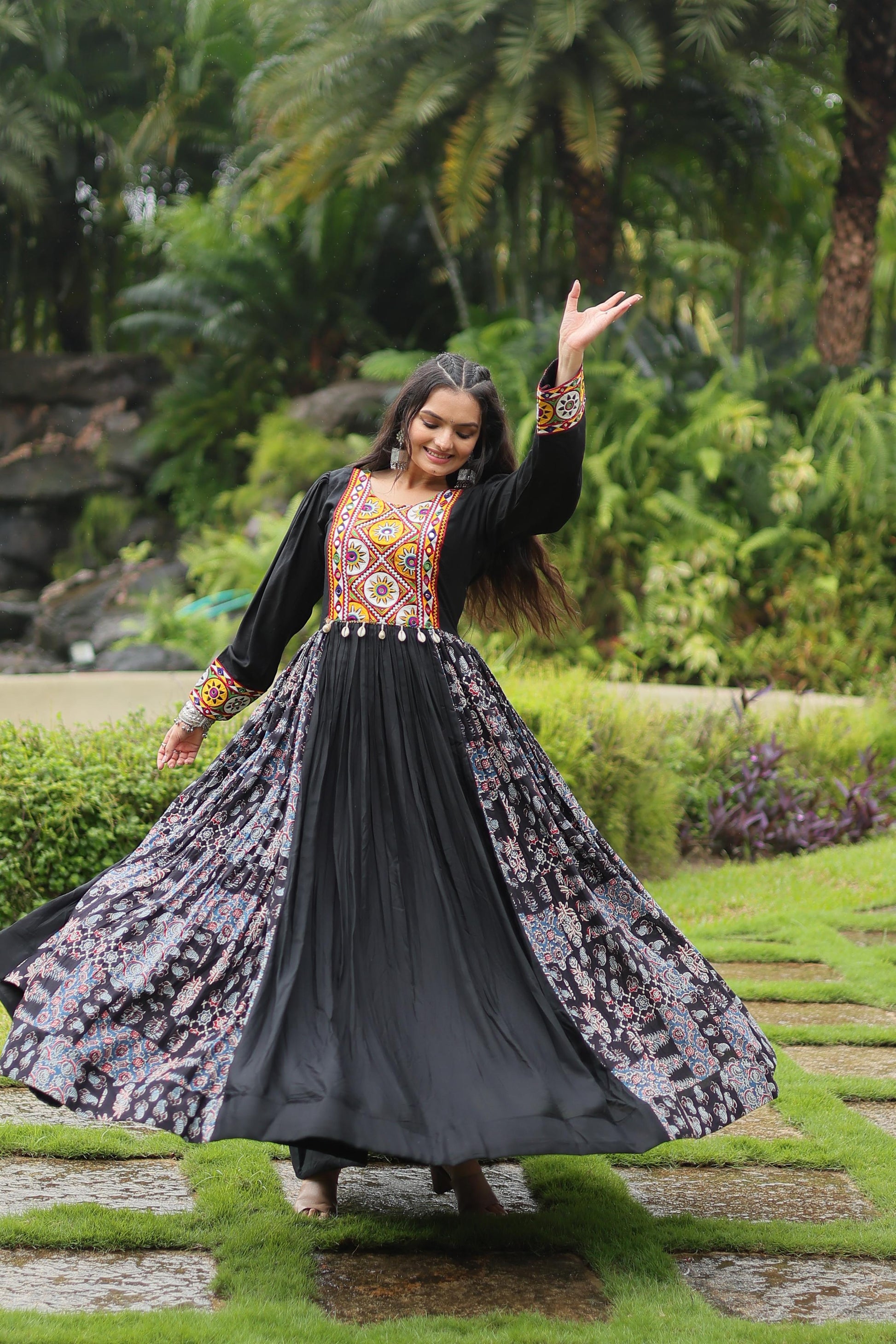 Lorenvalley Black Rayon Contrast of Printed with Kutchi Gamthi work Gown | Swadesiicart