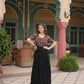 Lorenvalley Black Rayon Fabric with Kutchi Gamthi Kodi work Gown | Swadesiicart