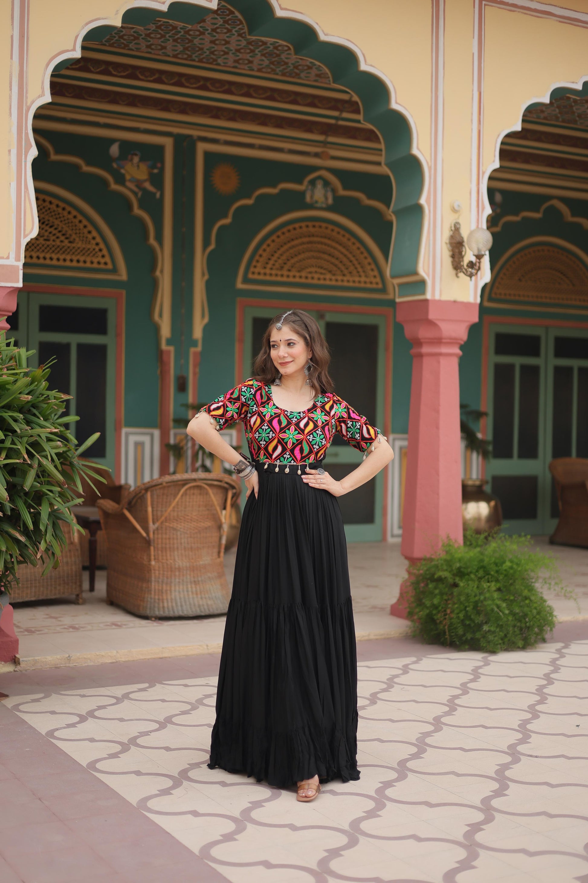 Lorenvalley Black Rayon Fabric with Kutchi Gamthi Kodi work Gown | Swadesiicart