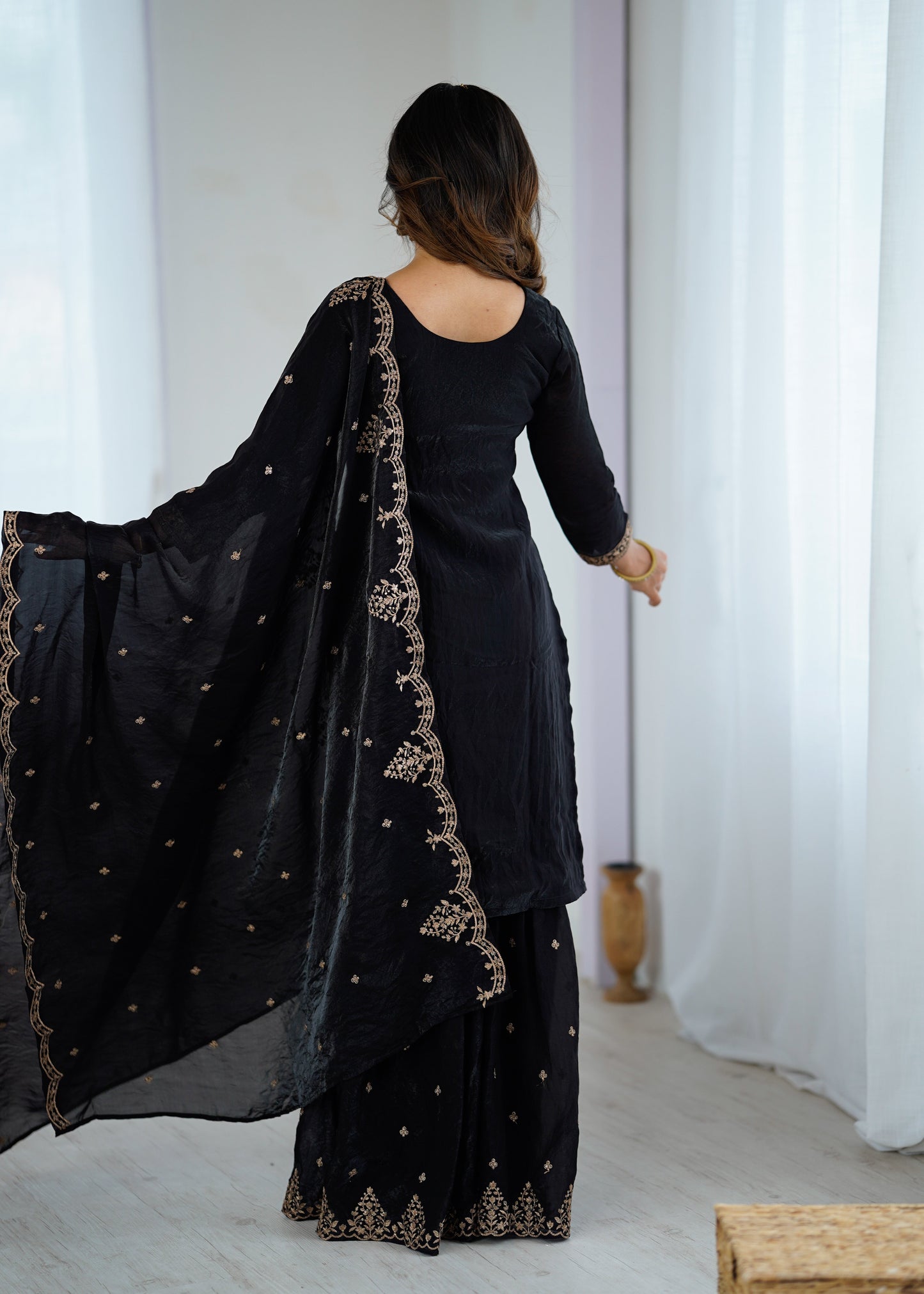 Lorenvalley Black Soft Crunchy Silk with Embroidery Sequence and Jari Work Kurta Palazzo with Dupatta | Swadesiicart