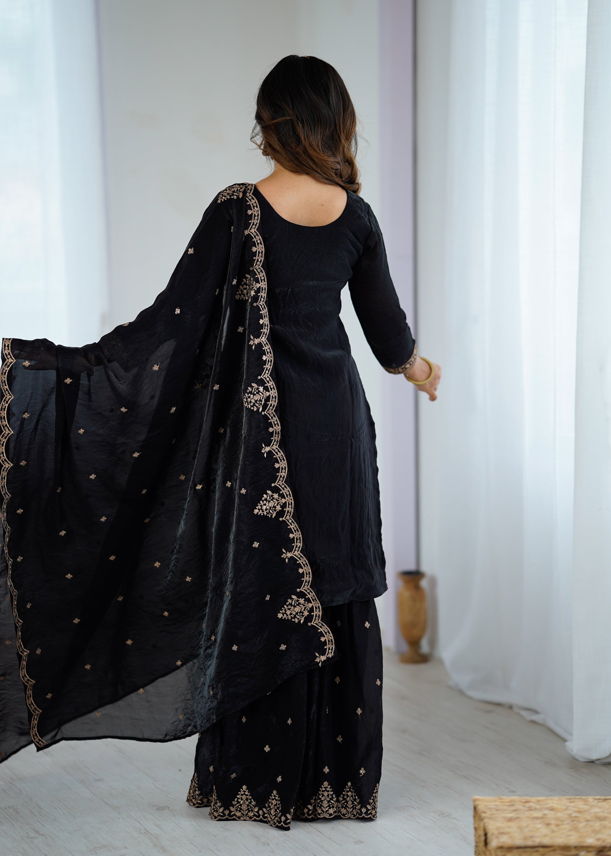 Lorenvalley Black Soft Crunchy Silk with Embroidery Sequence and Jari Work Kurta Palazzo with Dupatta | Swadesiicart