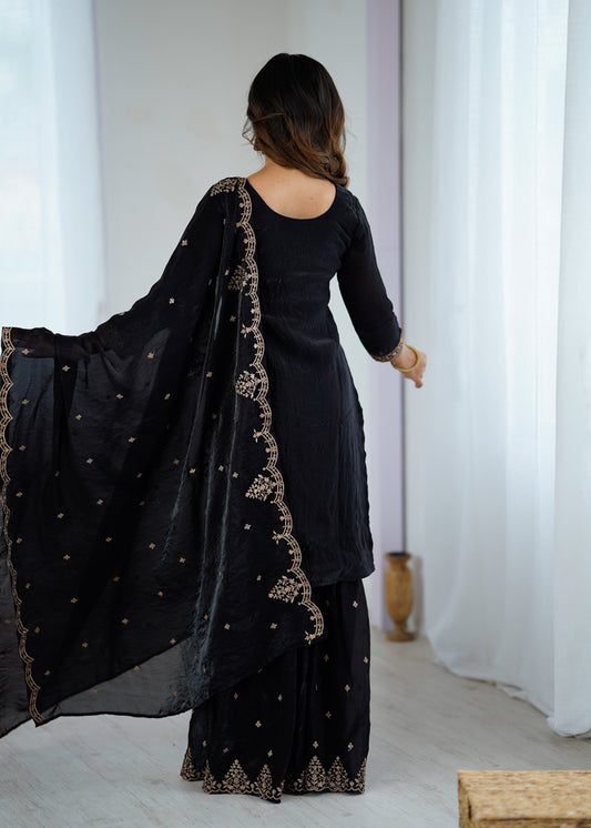 Lorenvalley Black Soft Crunchy Silk with Embroidery Sequence and Jari Work Kurta Palazzo with Dupatta | Swadesiicart