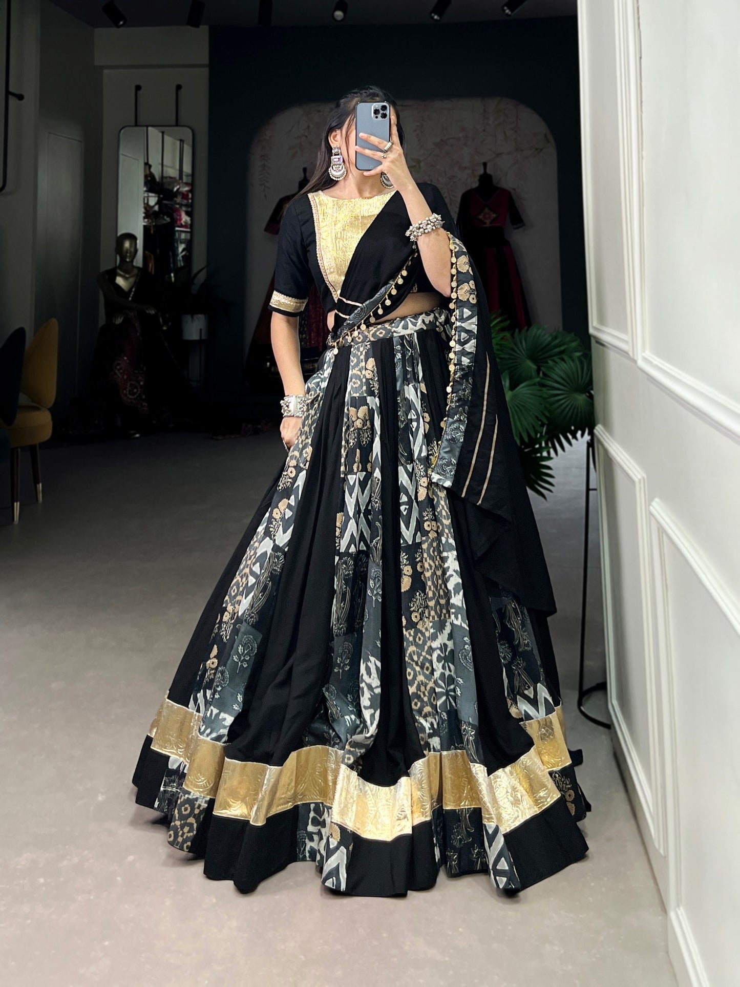 Lorenvalley Rayon and Tussar Silk Black Plain And Printed With Embossed Design Gota Lace Lehenga Choli with Dupatta | Swadesiicart