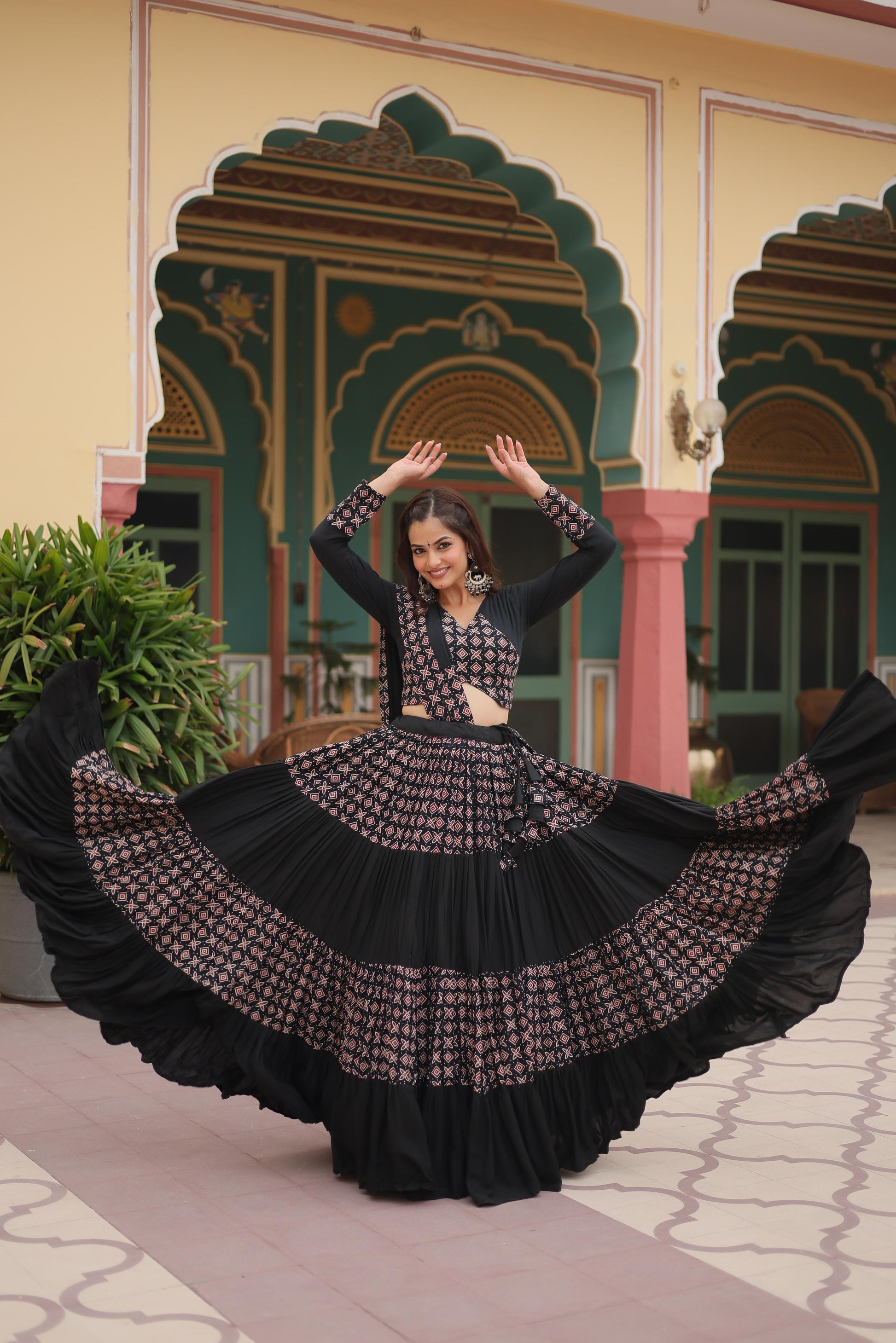Lorenvalley Black Printed Rayon Navratri Collection Lehenga Choli with Dupatta | Swadesiicart