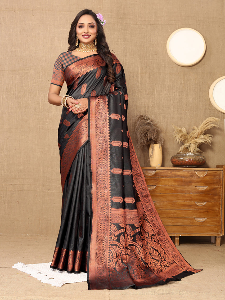 Lorenvalley Fashion Black Soft Katan Silk Woven Design Copper Zari Weaving Saree - Swadesiicart