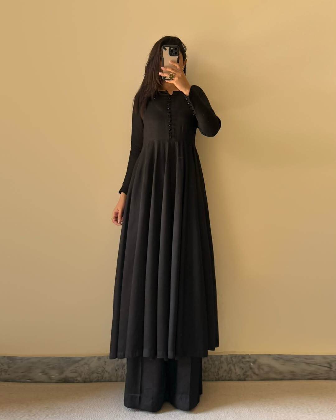 Lorenvalley Black Faux Georgette Yoke and Sleeve Potli Button Work Kurta Palazzo With Dupatta Set | Swadesiicart