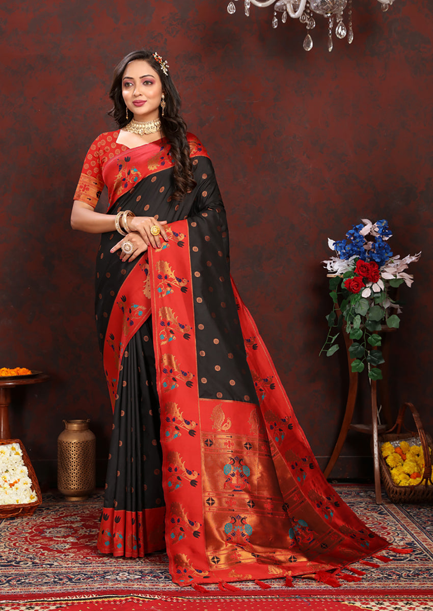 Lorenvalley Fashion Black Soft Paithani Silk Woven Design Rich Zari Meenakari Weaving Saree - Swadesiicart